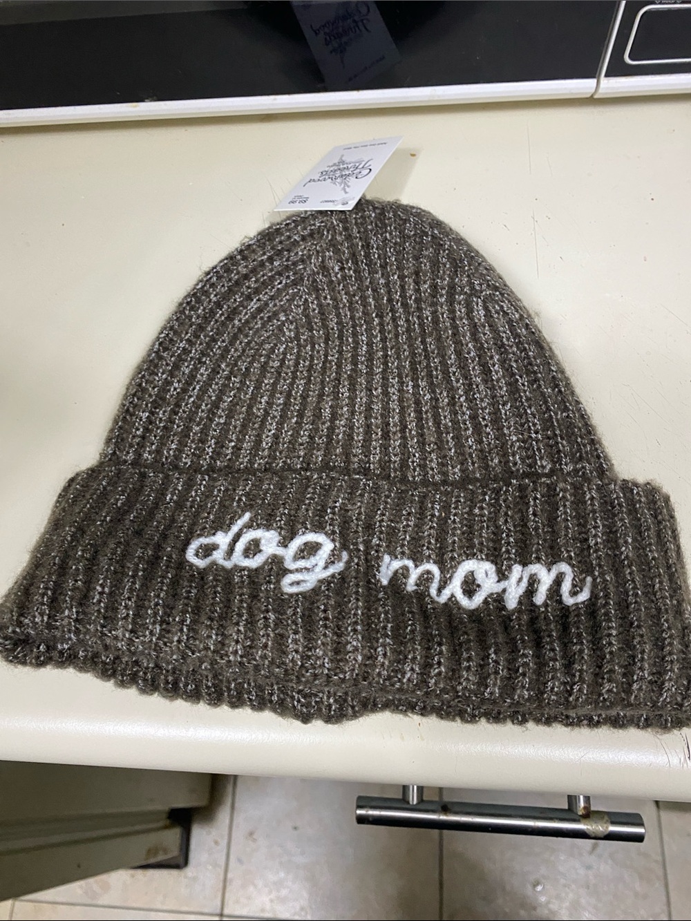 Dog Mom Ribbed Knit Beanie - Brown
